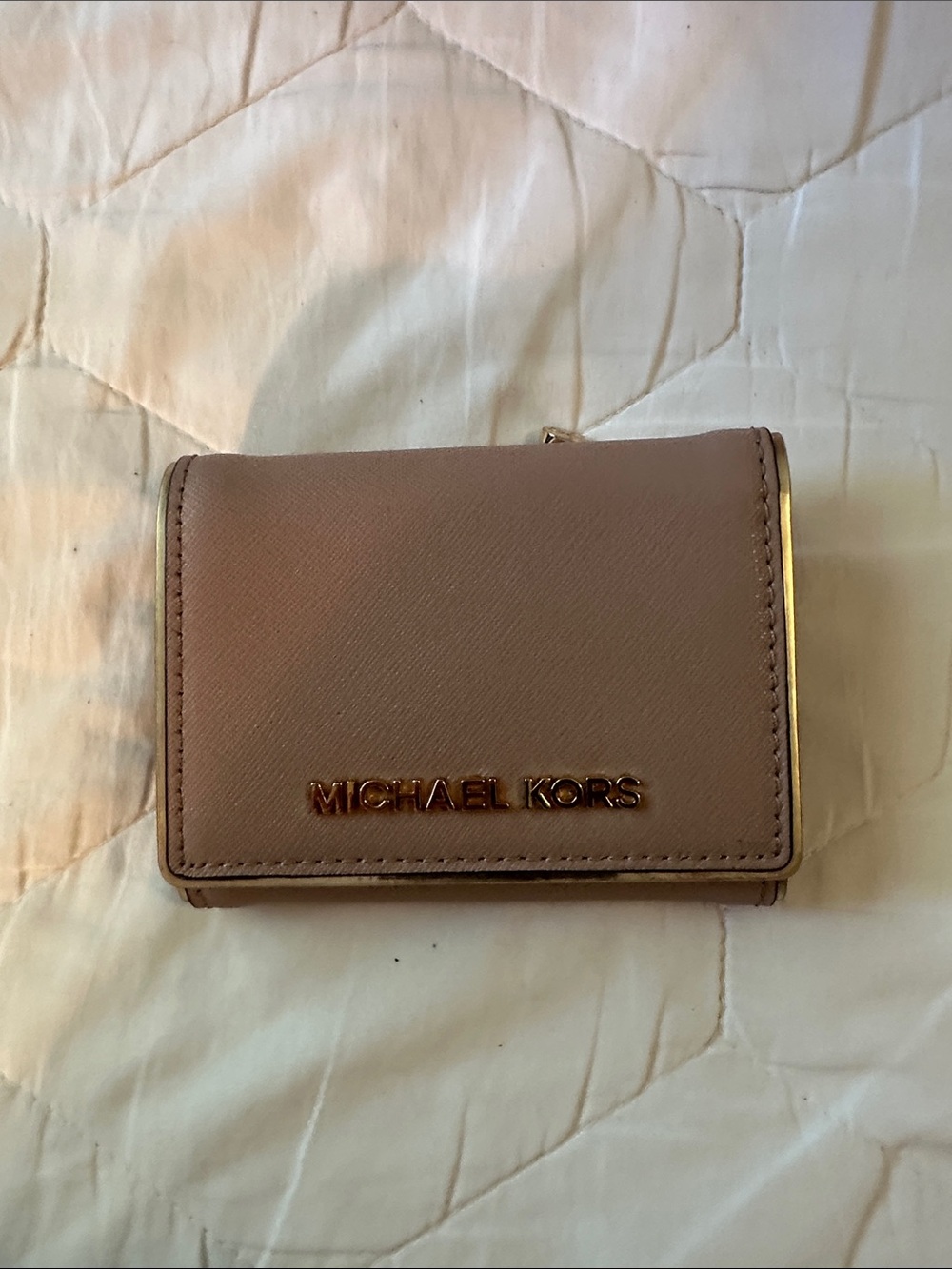Michael Kors Taupe Saffiano Leather Compact Wallet with Gold Logo